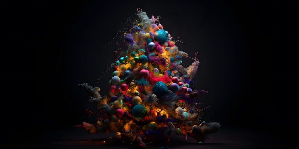 A colorful Christmas tree decorated with ornaments and li three