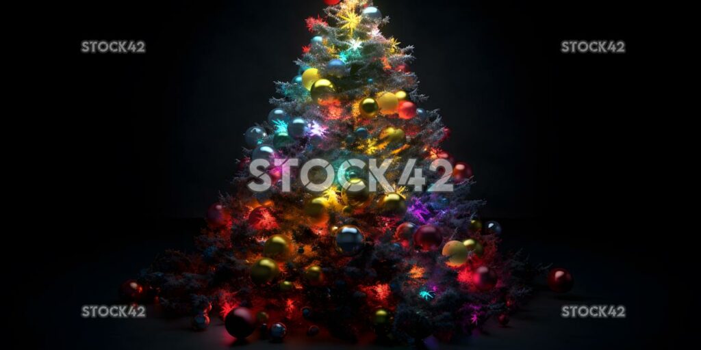 A colorful Christmas tree decorated with ornaments and li two