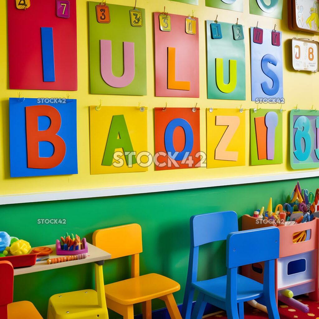 Un colorido póster del alfabeto en los colores de la pared de un aula