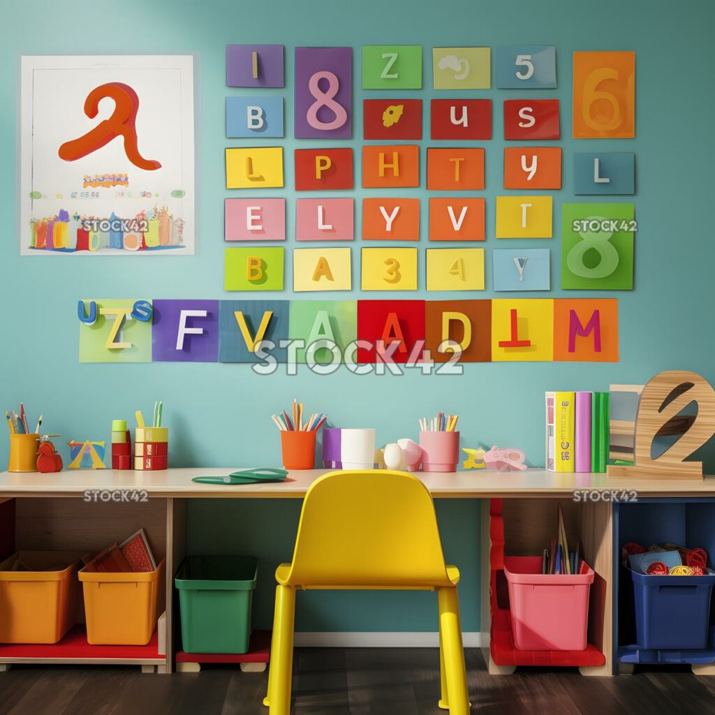 A colorful alphabet poster on a classroom wall colors one