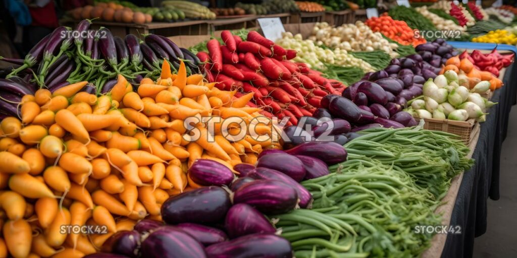 Una colorida variedad de verduras frescas en un mercado de agricultores dos