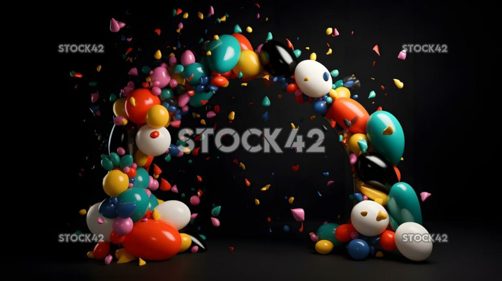 A colorful balloon arch and confetti at a graduation part