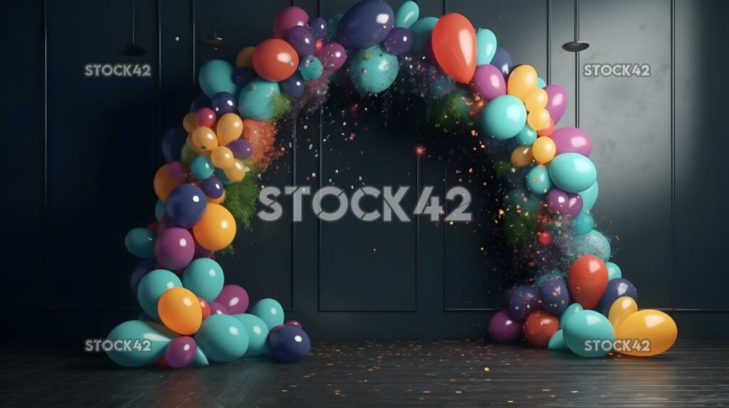 A colorful balloon arch and confetti at a graduation part