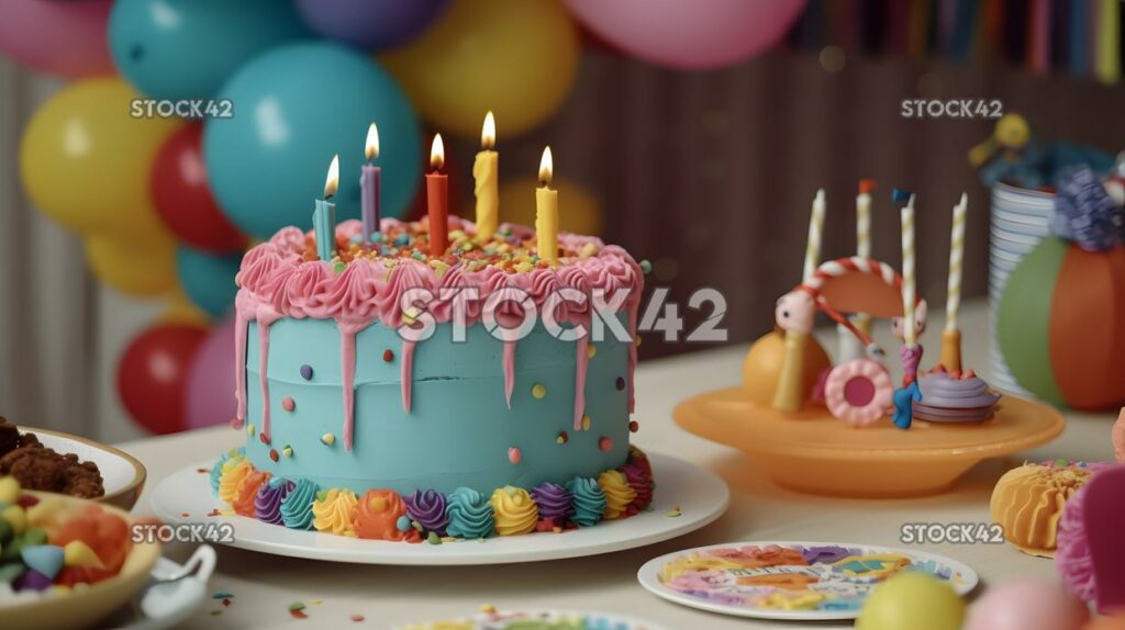 A colorful cake and decorations at a first birthday party