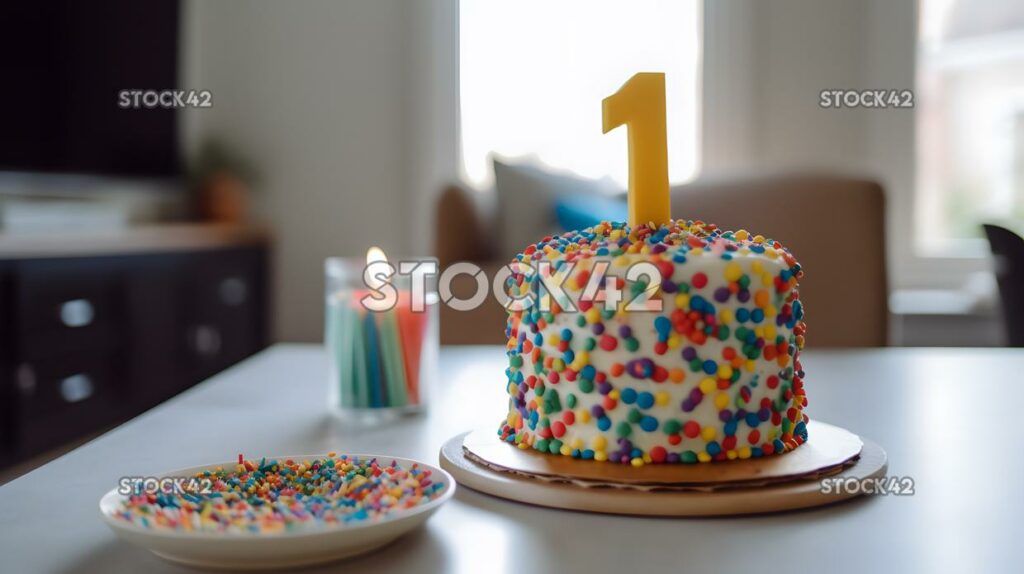 A colorful cake and decorations at a first birthday party