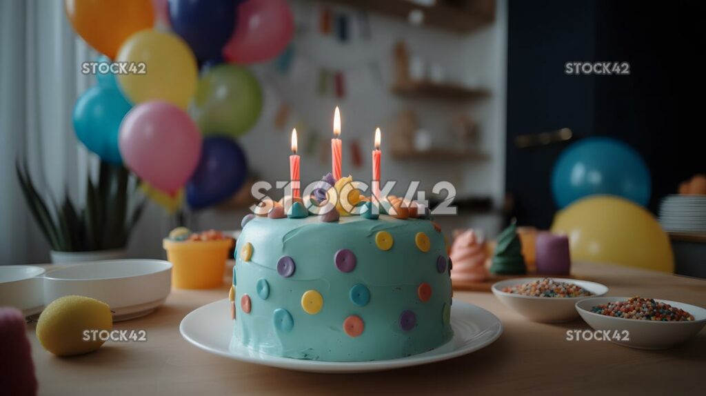 A colorful cake and decorations at a first birthday party one