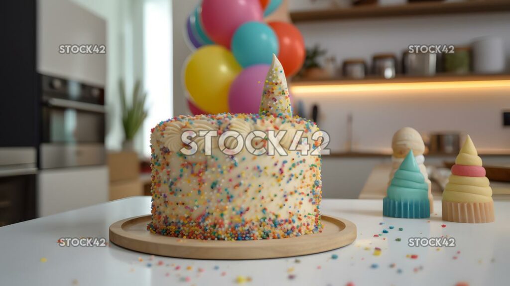 Un pastel colorido y decoraciones en una fiesta de primer cumpleaños tres