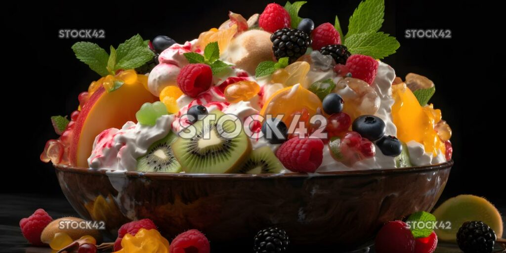 A colorful fruit salad with a variety of fresh fruits and one