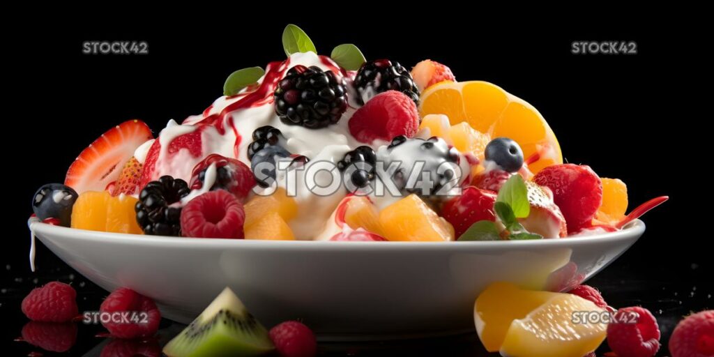 A colorful fruit salad with a variety of fresh fruits and three