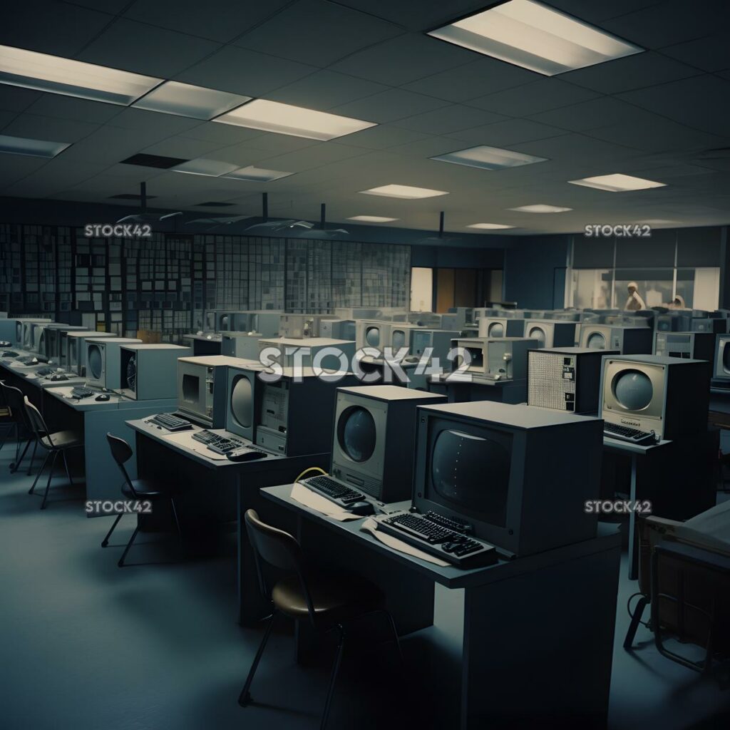 A computer lab filled with rows of computers and desks dy