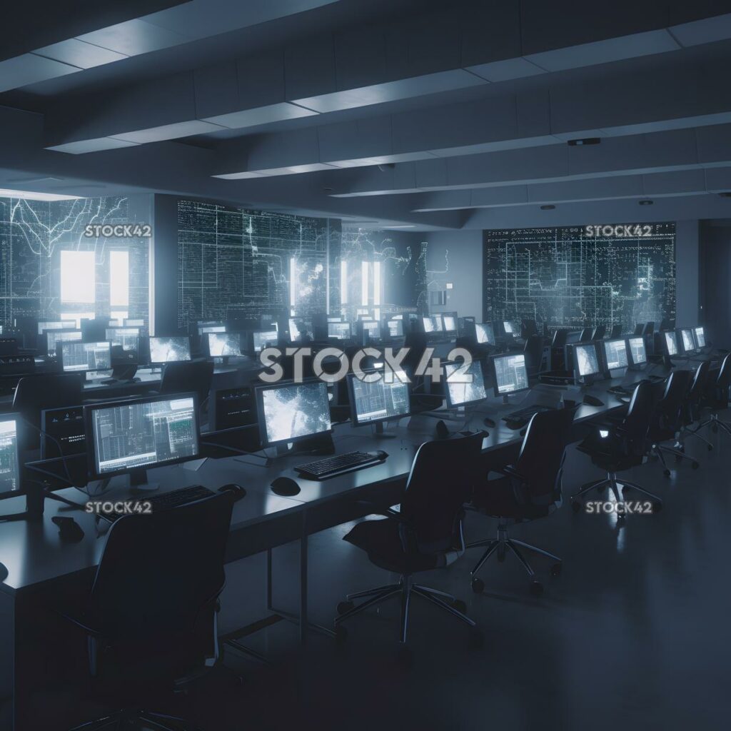 A computer lab filled with rows of computers and desks dy five