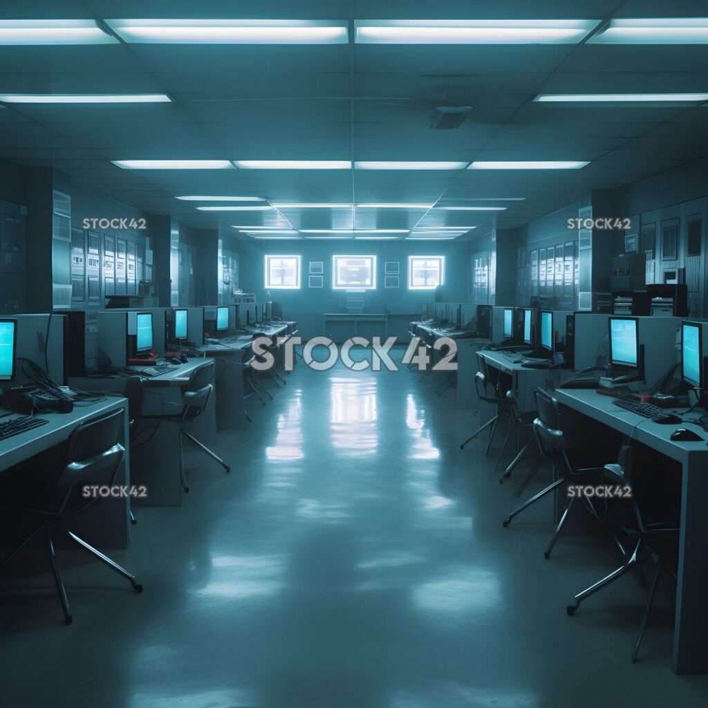 A computer lab filled with rows of computers and desks dy four