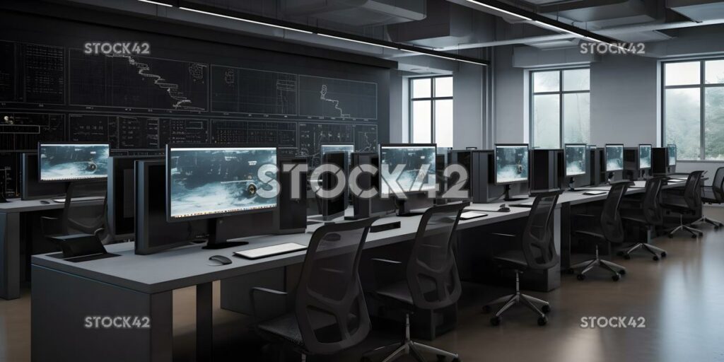 A computer lab with rows of computer stations and monitor