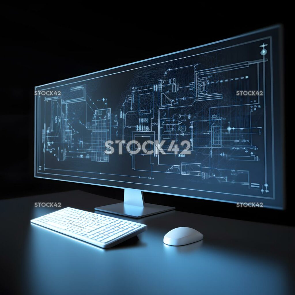 A computer monitor displaying a digital blueprint or sche