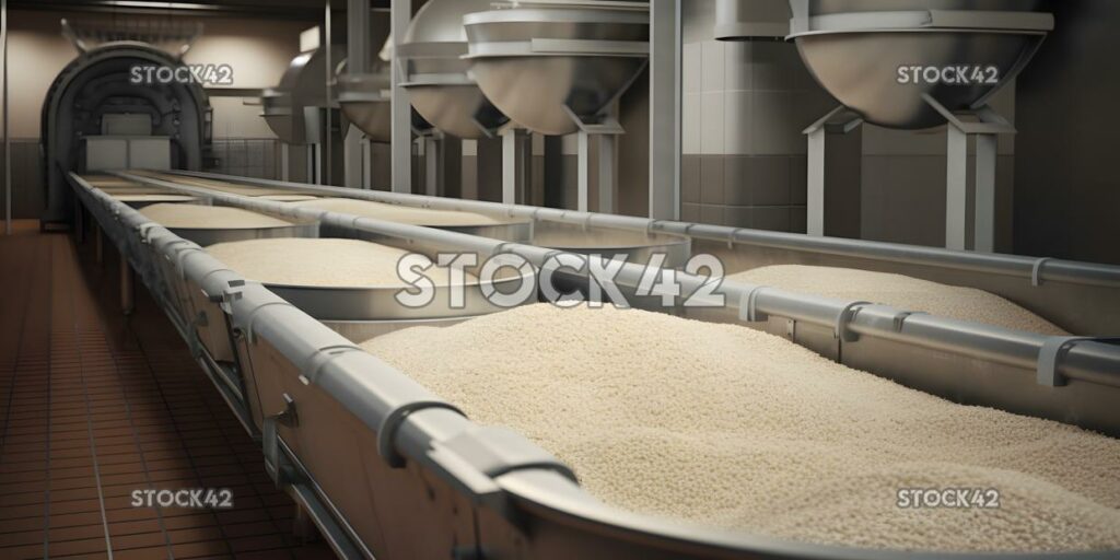 A conveyor belt transporting bags of flour in a bakery Hy