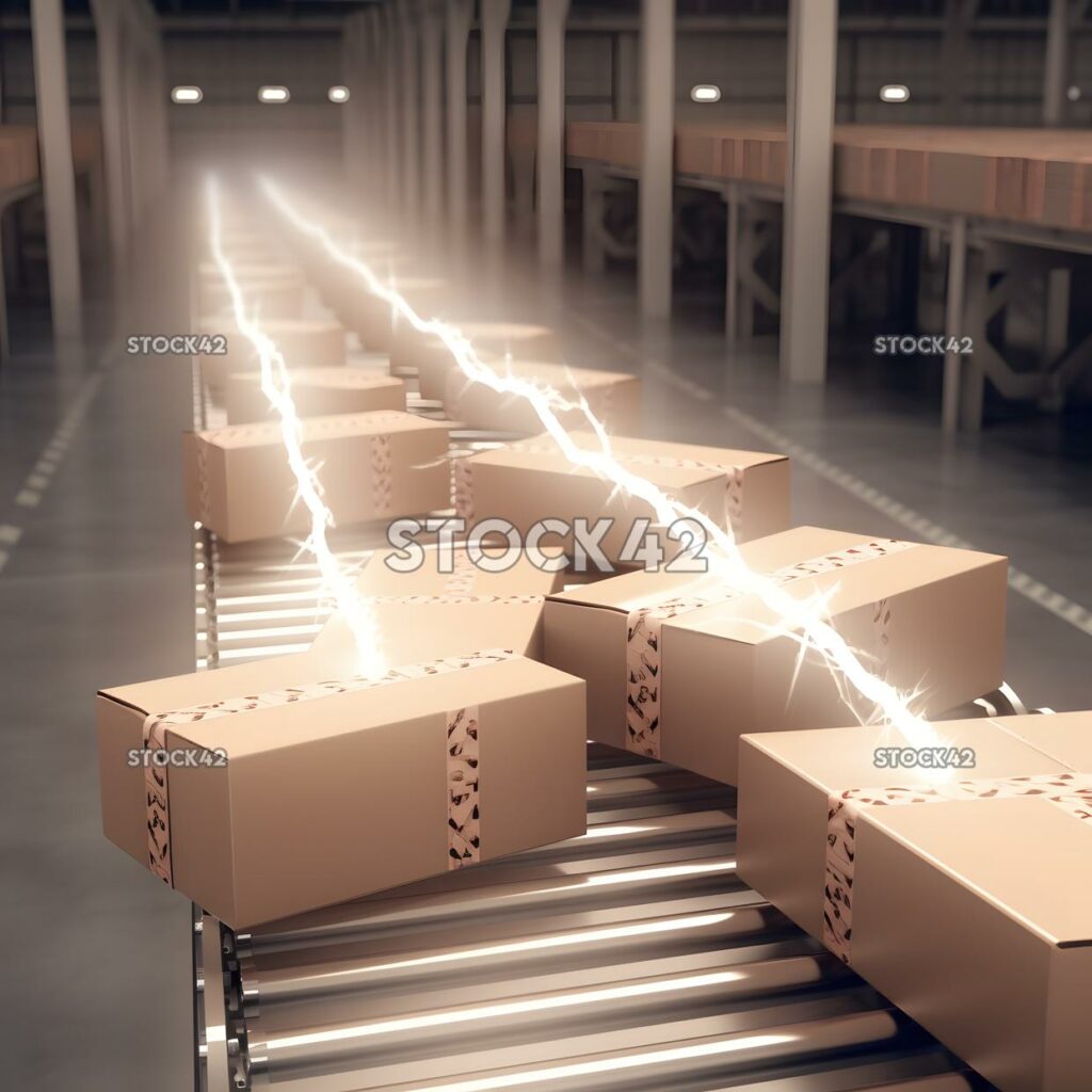 A conveyor belt transporting boxes in a distribution cent one