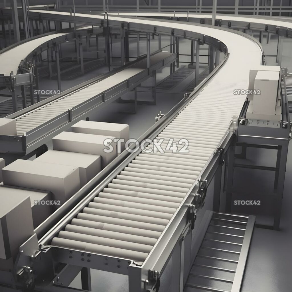 A conveyor belt transporting boxes of finished products c