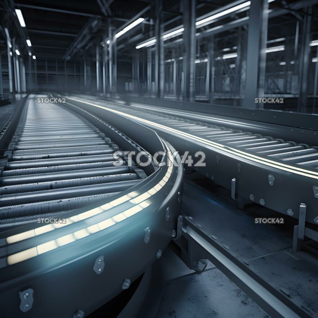 A conveyor belt transporting car parts in an automotive f