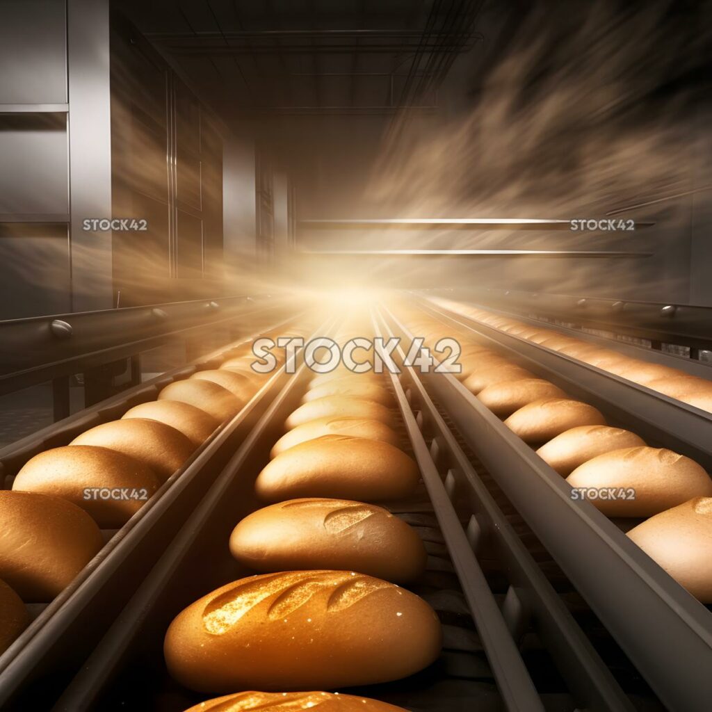 Ein Förderband, das frisch gebackenes Brot durch_