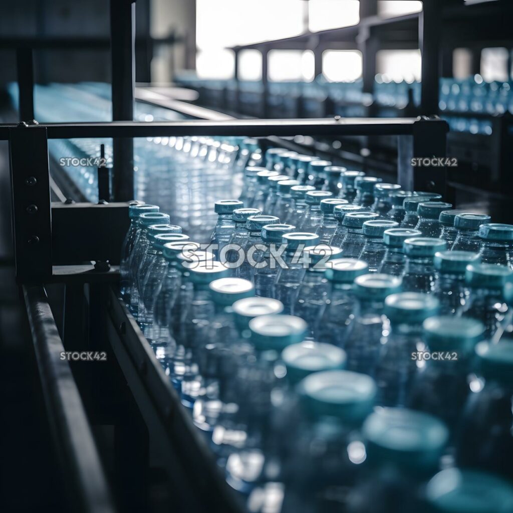 A conveyor belt transporting plastic bottles in a bottlin