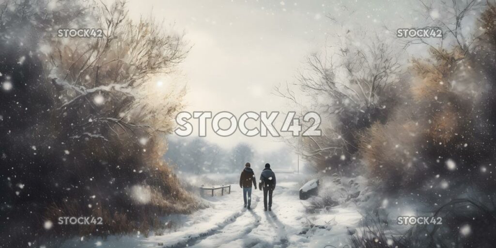 A couple walking through a winter wonderland with snow fa