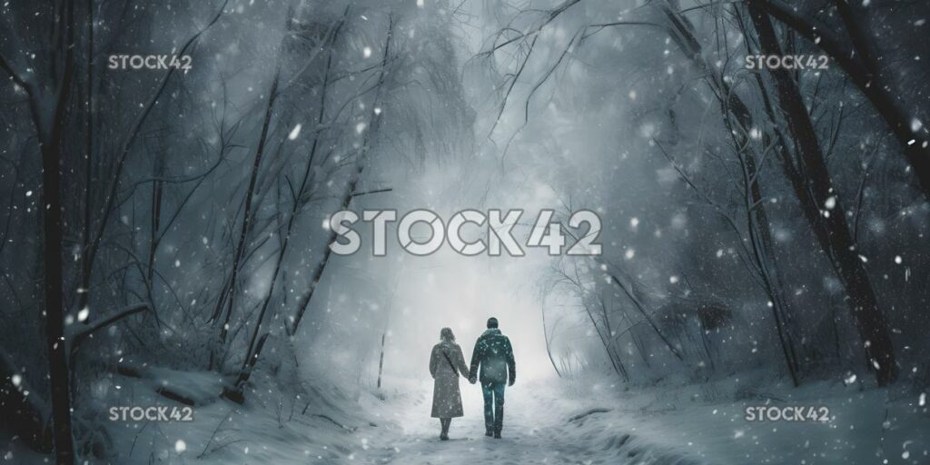 A couple walking through a winter wonderland with snow fa one