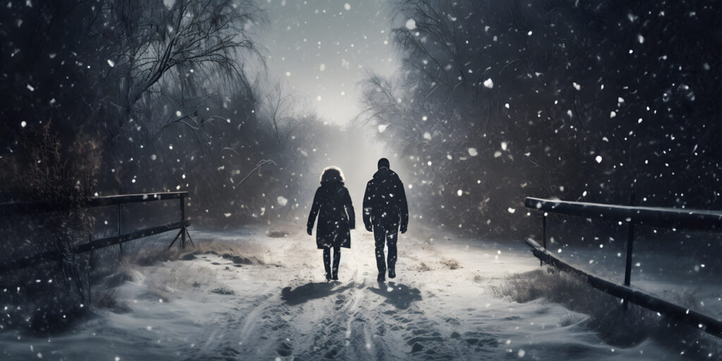 A couple walking through a winter wonderland with snow fa three