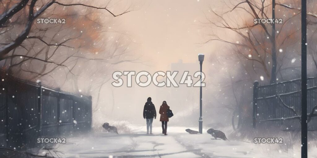 A couple walking through a winter wonderland with snow fa two