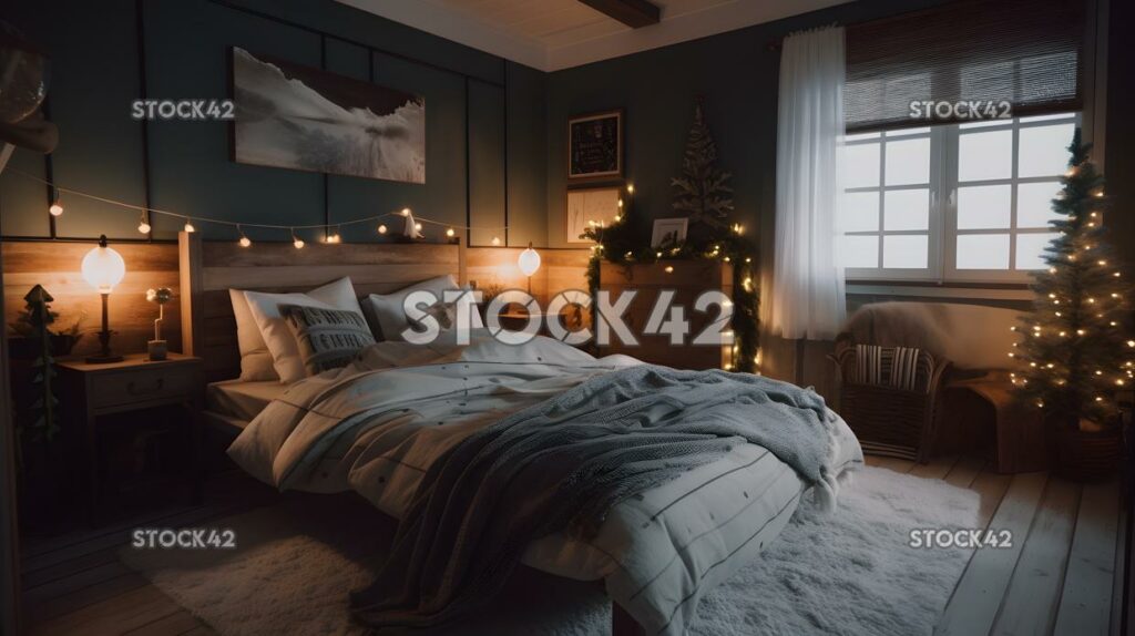 A cozy bedroom decorated for Christmas with a tree lights