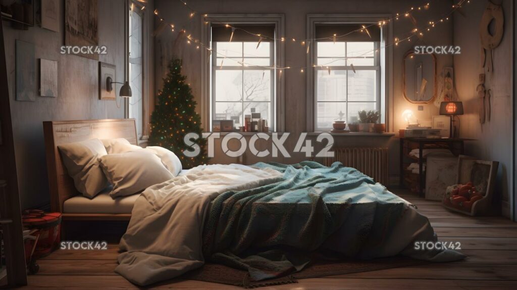 A cozy bedroom decorated for Christmas with a tree lights five