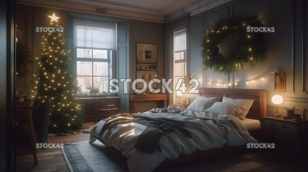 A cozy bedroom decorated for Christmas with a tree lights four