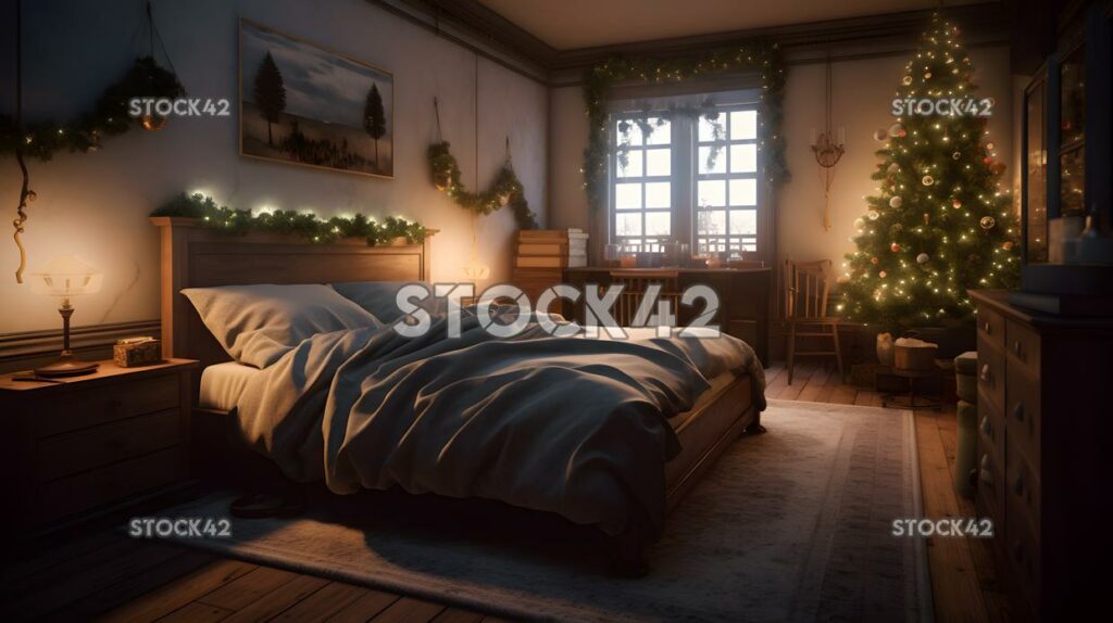 Ein gemütliches Schlafzimmer, das weihnachtlich mit einem Baum geschmückt ist