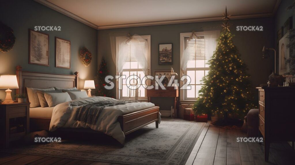 A cozy bedroom decorated for Christmas with a tree lights seven