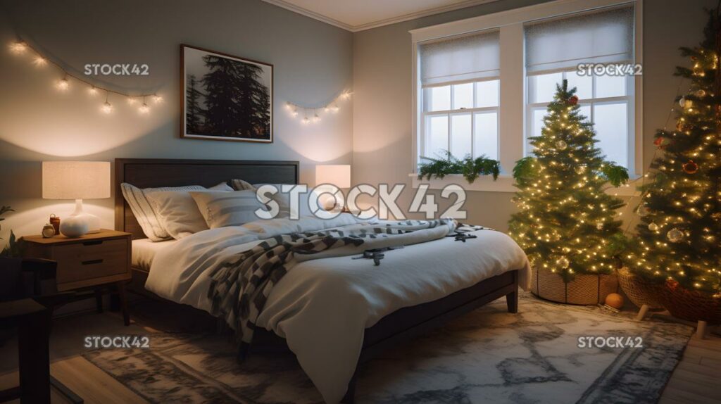 Ein gemütliches Schlafzimmer, das weihnachtlich mit einem Baum geschmückt ist, beleuchtet sechs