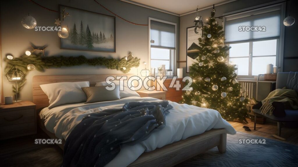 Ein gemütliches Schlafzimmer, das weihnachtlich mit einem Baum geschmückt ist, beleuchtet drei