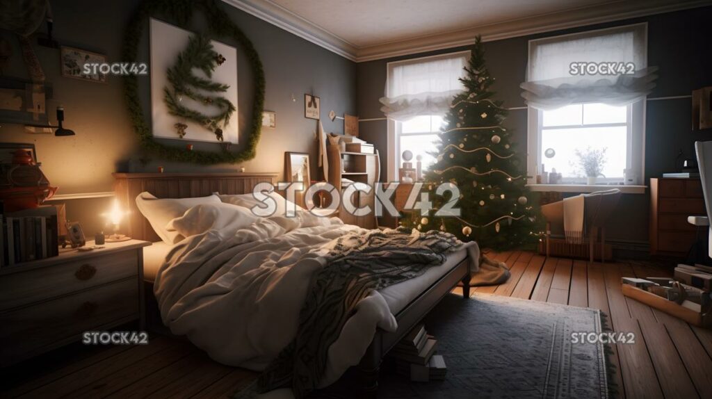 Ein gemütliches Schlafzimmer, das weihnachtlich mit einem Baum geschmückt ist, beleuchtet zwei