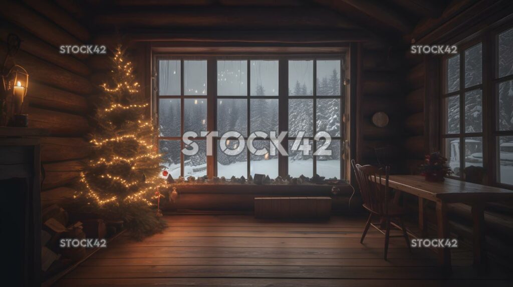 Una acogedora cabaña con un árbol de Navidad iluminado en la ventana