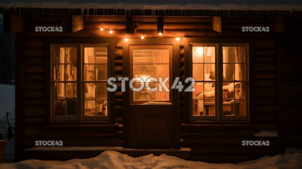 A cozy cabin with a lit-up Christmas tree in the window one