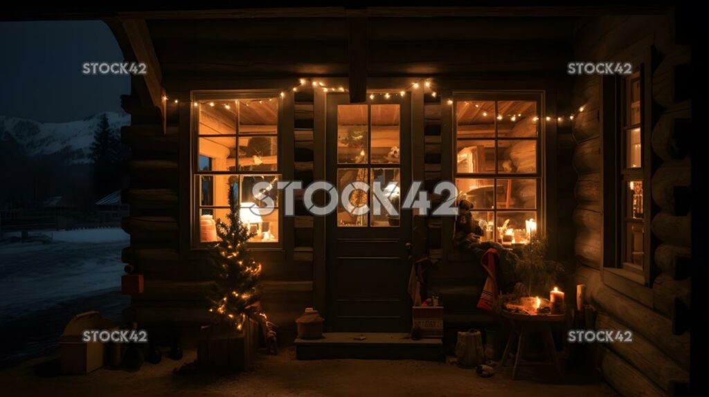 A cozy cabin with a lit-up Christmas tree in the window three