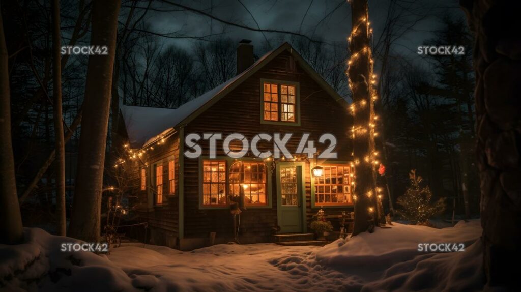 A cozy cabin with a lit-up Christmas tree in the window two