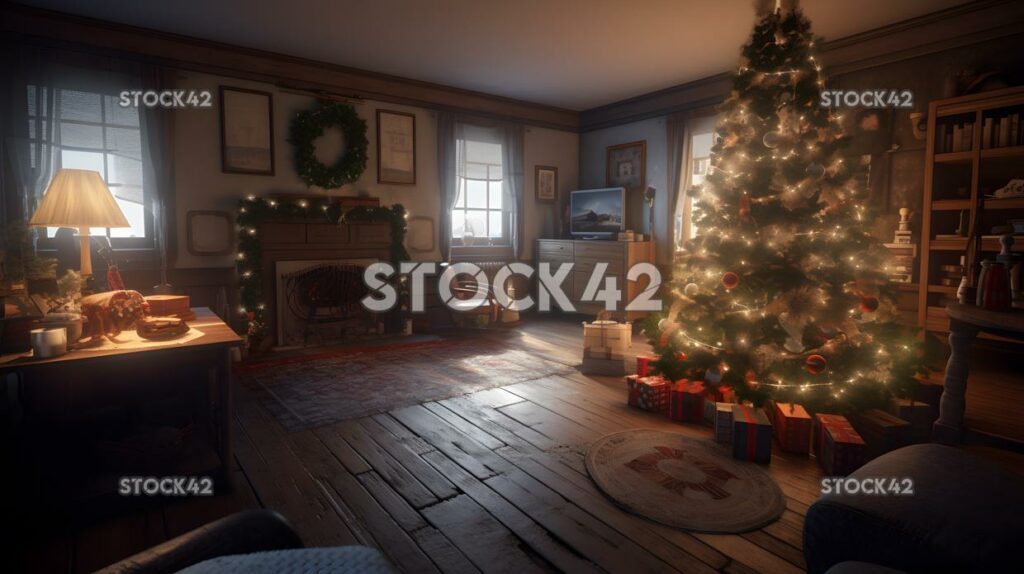 A cozy living room with a decorated Christmas tree and pr