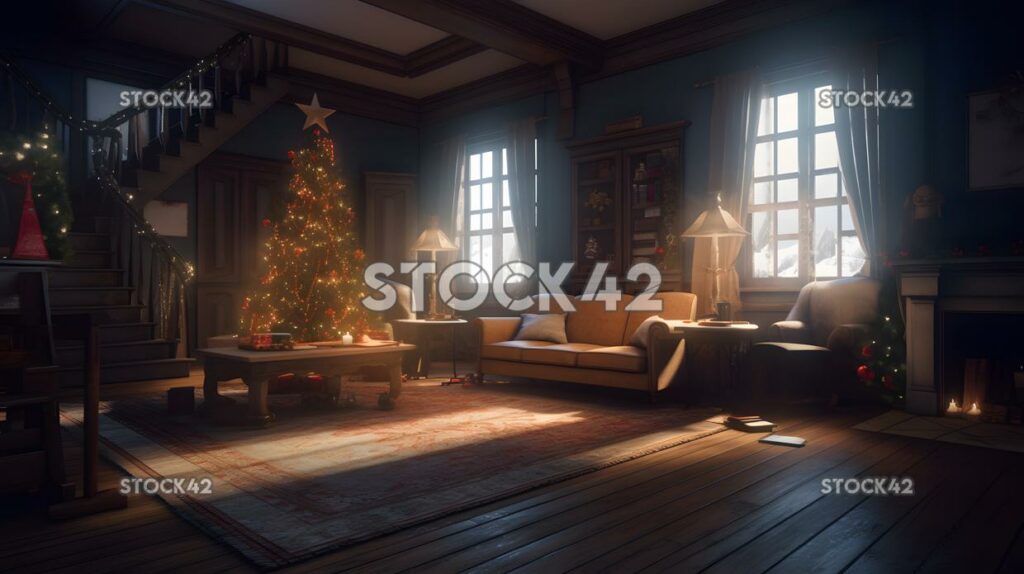 A cozy living room with a decorated Christmas tree and pr one