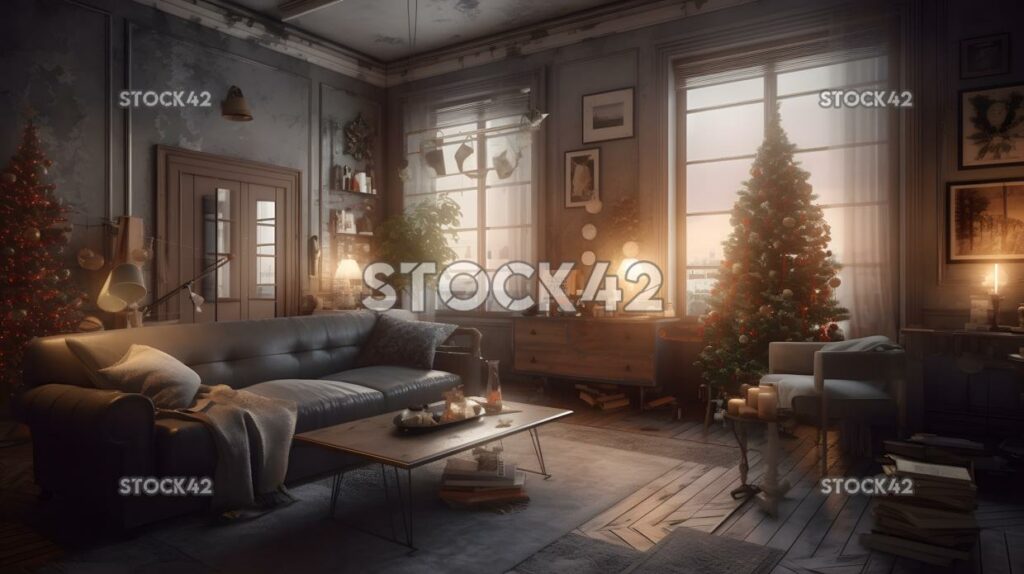 A cozy living room with a decorated Christmas tree and pr three