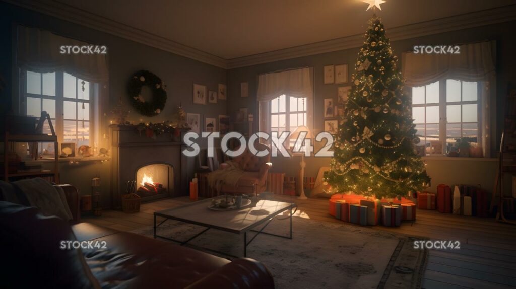 A cozy living room with a decorated Christmas tree and pr two