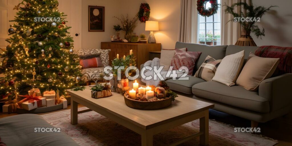 A cozy living room with a decorated Christmas tree wrappe