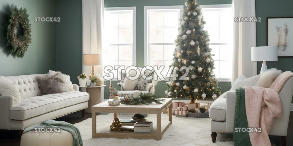 A cozy living room with a decorated Christmas tree wrappe one