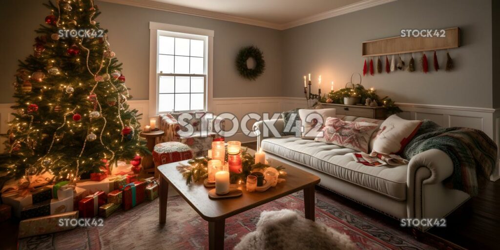 A cozy living room with a decorated Christmas tree wrappe three