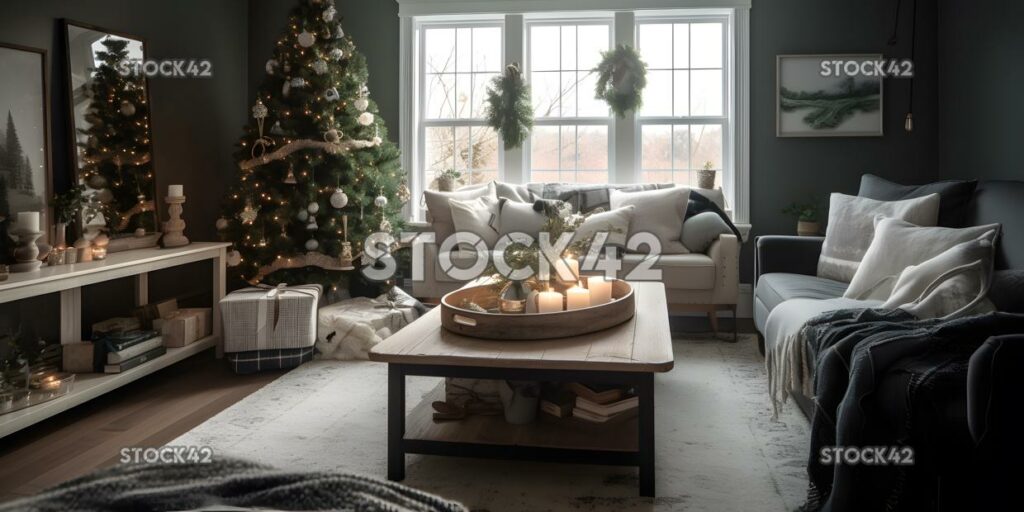 A cozy living room with a decorated Christmas tree wrappe two