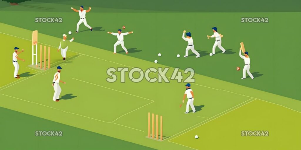 A cricket field with players moving around and shouting t