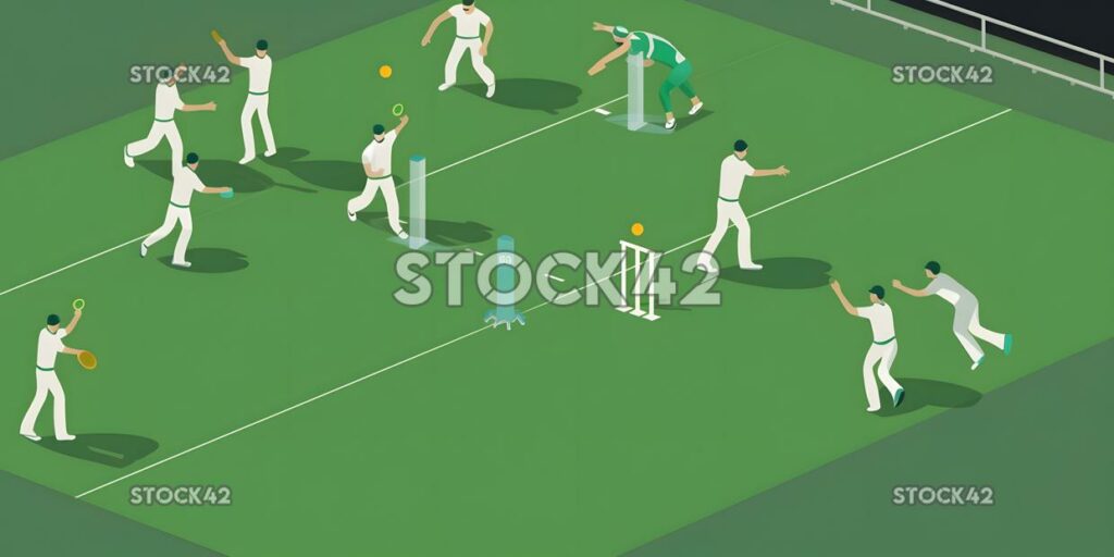 A cricket field with players moving around and shouting t two